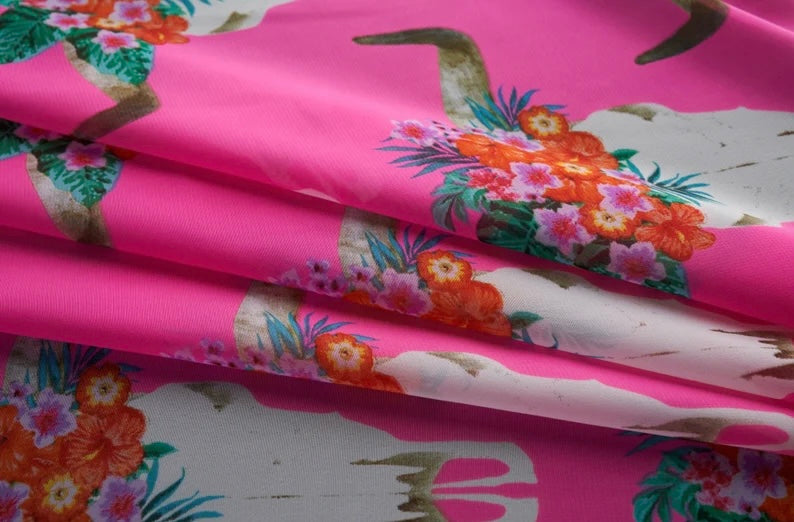 Chiffon fabric by the yard - Hot pink longhorn floral steer head