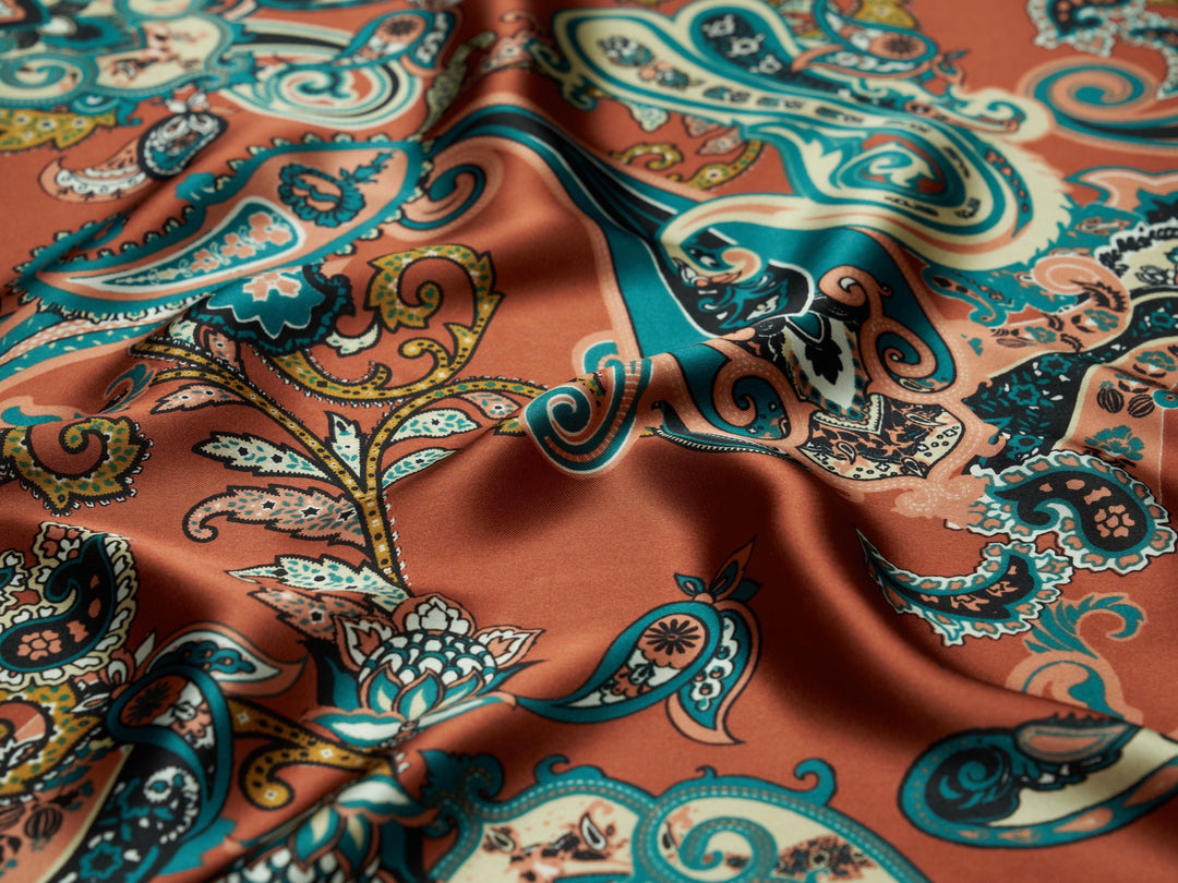 Charmeuse satin fabric by the yard. Classic Paisley print