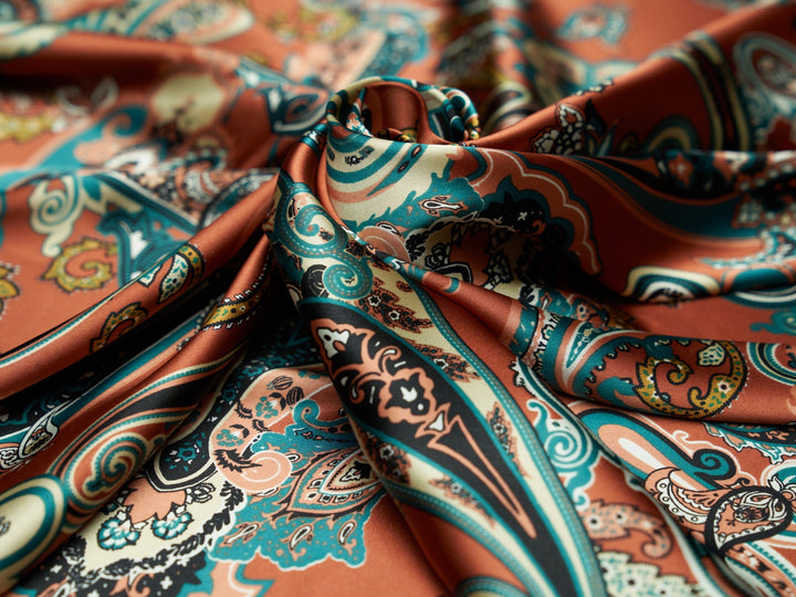 Charmeuse satin fabric by the yard. Classic Paisley print