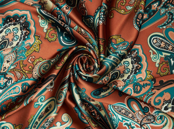 Charmeuse satin fabric by the yard. Classic Paisley print