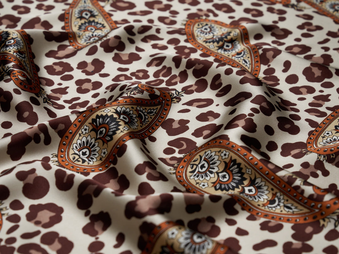 Charmeuse satin fabric by the yard -  Cheetah Paisley  print