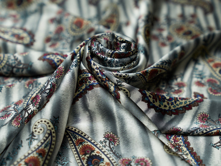 Charmeuse satin fabric by the yard -  Sand Paisley  print