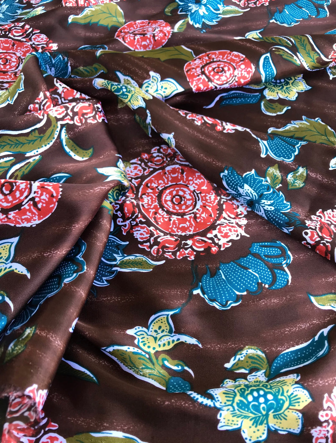 Charmeuse Satin Fabric by the yard -  Brown orange blue flowers