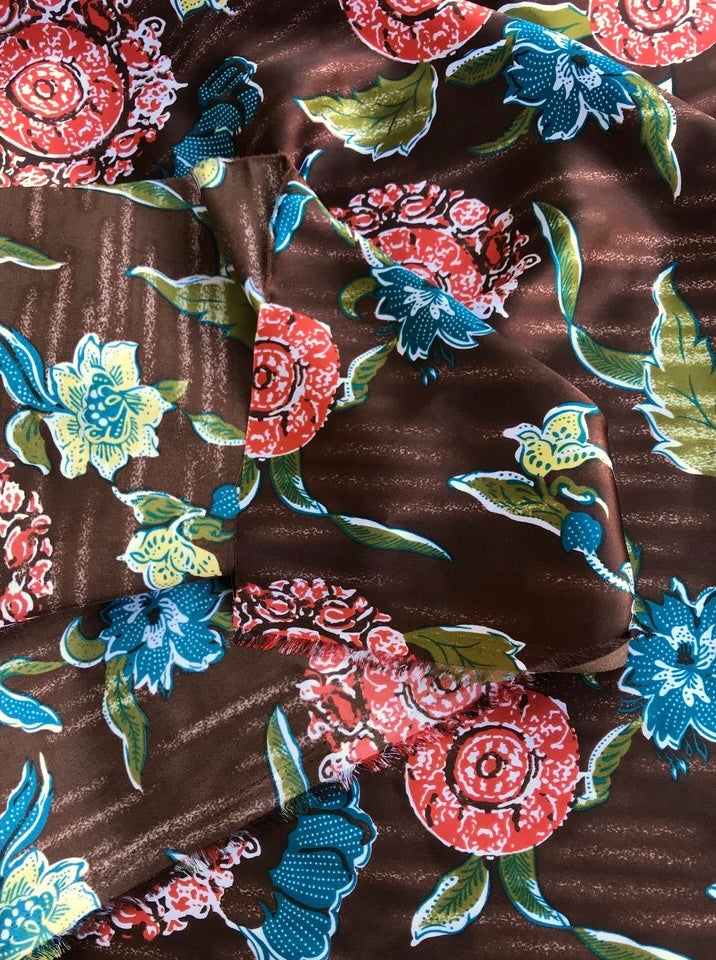 Charmeuse Satin Fabric by the yard -  Brown orange blue flowers