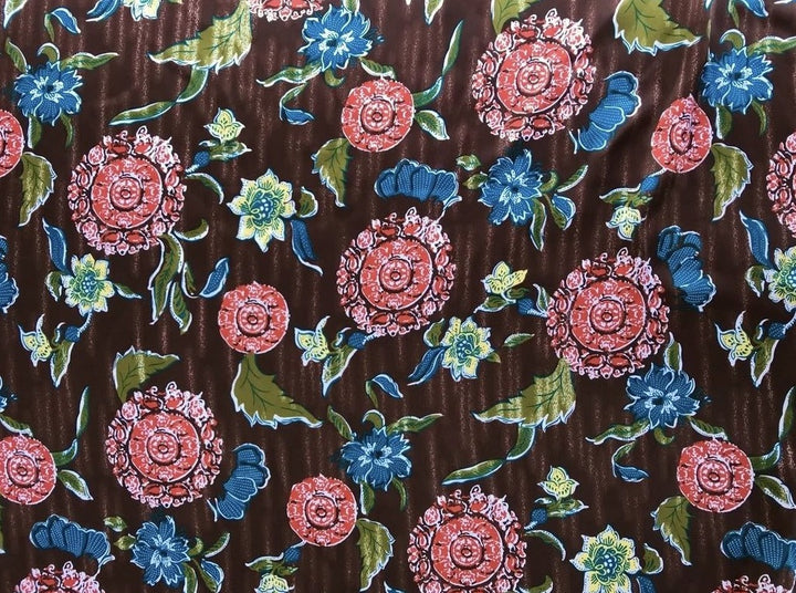 Charmeuse Satin Fabric by the yard -  Brown orange blue flowers