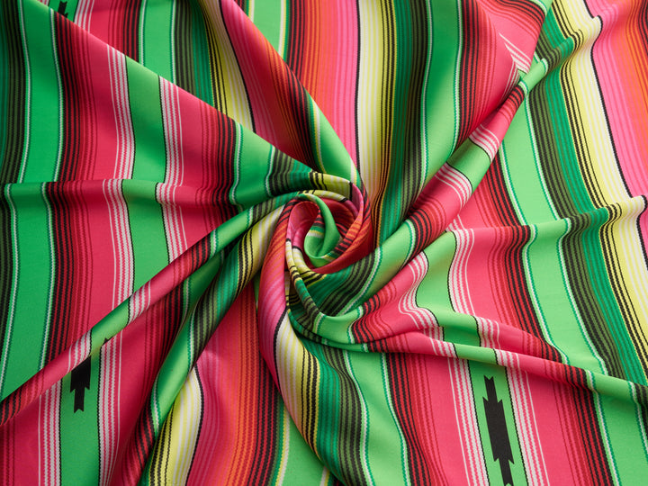 Serape boho charmeuse satin fabric by the yard - Pink green serape