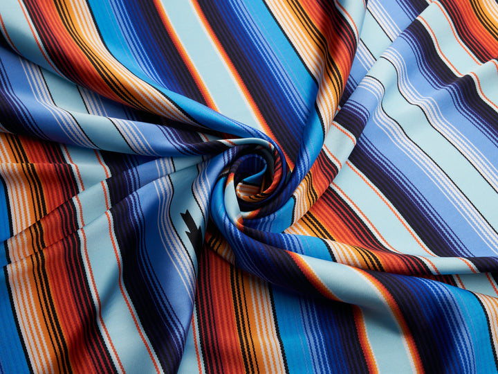 Serape boho charmeuse satin fabric by the yard - Blue orange serape