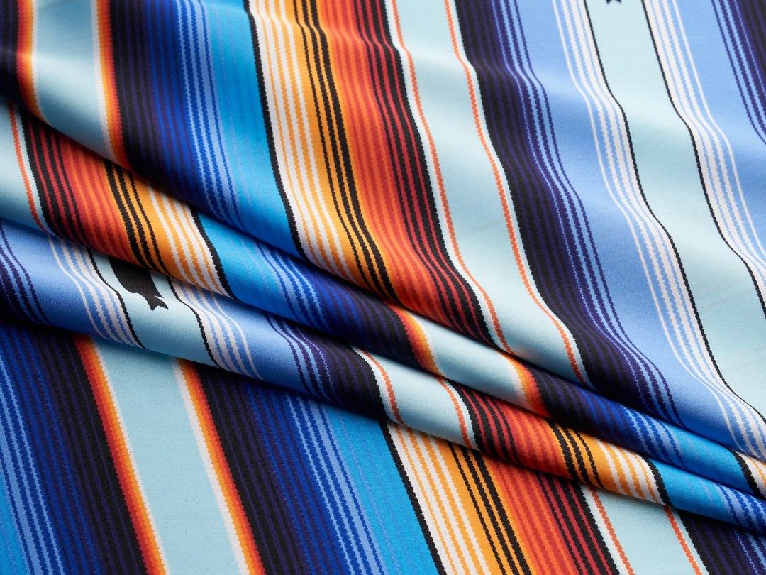 Serape boho charmeuse satin fabric by the yard - Blue orange serape