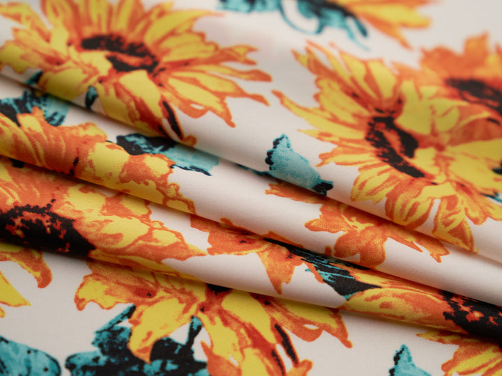 Sunflowers charmeuse satin fabric by the yard - White sunflowers