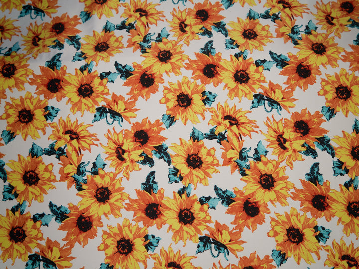 Sunflowers charmeuse satin fabric by the yard - White sunflowers