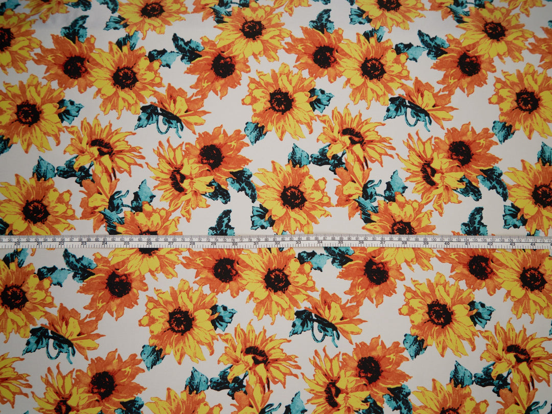 Sunflowers charmeuse satin fabric by the yard - White sunflowers