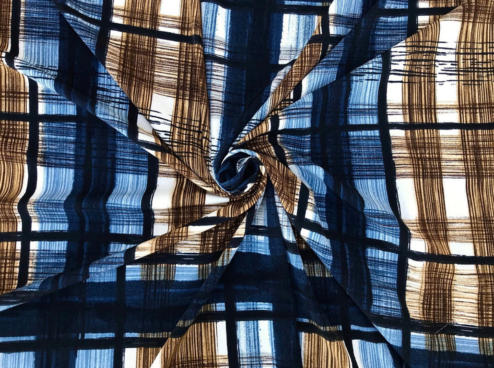 Peachskin motif print  fabric by the yard - Brown blue plaid