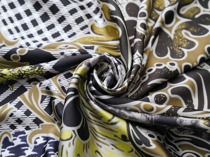 Faux silk charmeuse satin fabric by the yard - Black flowers and plaid