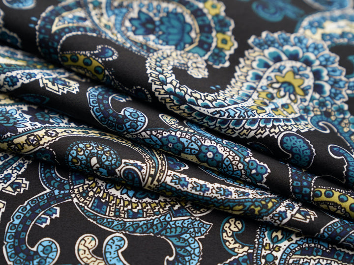 Paisley charmeuse satin fabric by the yard - Black and green paisley print