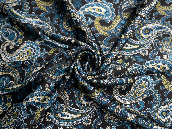 Paisley charmeuse satin fabric by the yard - Black and green paisley print