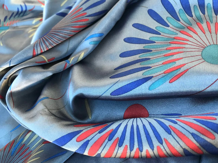 Charmeuse Satin Fabric by the yard - Gray blue turquoise  Navy