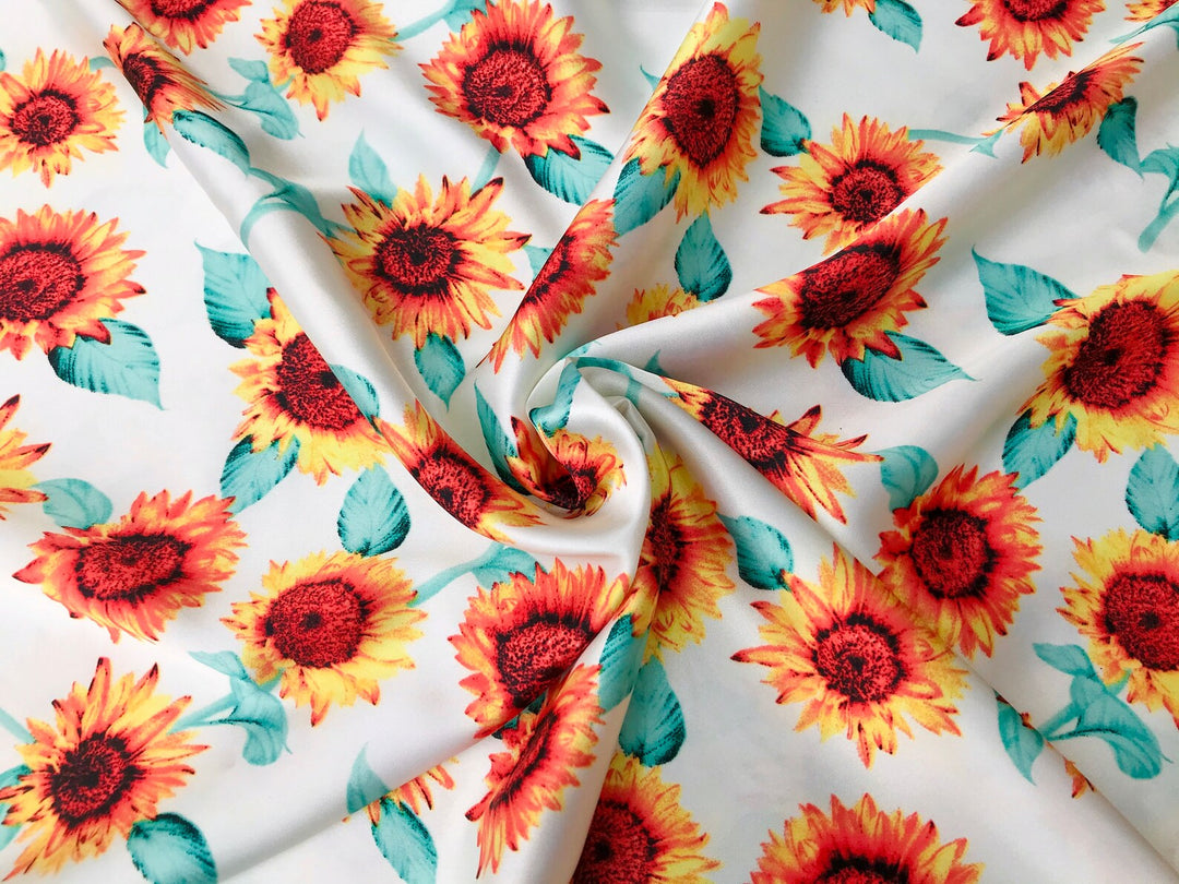 Charmeuse Satin sublimation print fabric by the yard - Orange teal sunflowers