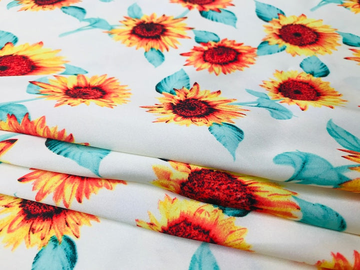 Charmeuse Satin sublimation print fabric by the yard - Orange teal sunflowers