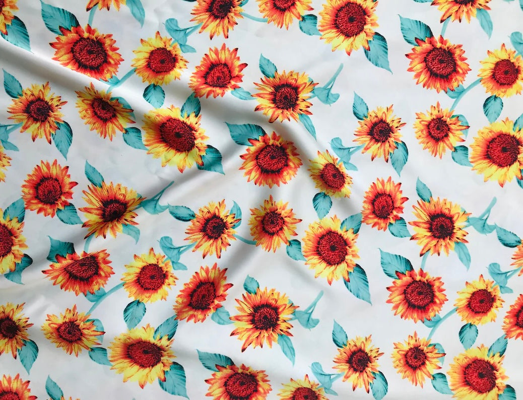Charmeuse Satin sublimation print fabric by the yard - Orange teal sunflowers