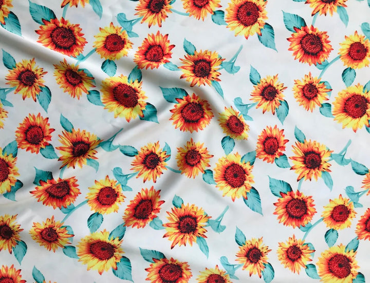 Charmeuse Satin sublimation print fabric by the yard - Orange teal sunflowers