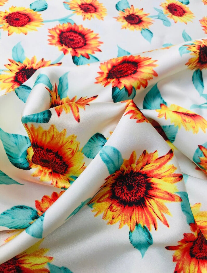 Charmeuse Satin sublimation print fabric by the yard - Orange teal sunflowers