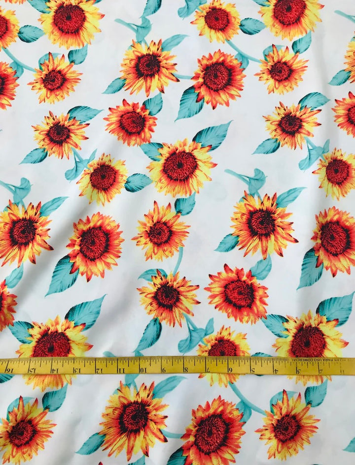 Charmeuse Satin sublimation print fabric by the yard - Orange teal sunflowers
