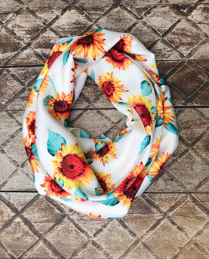 Charmeuse Satin sublimation print fabric by the yard - Orange teal sunflowers