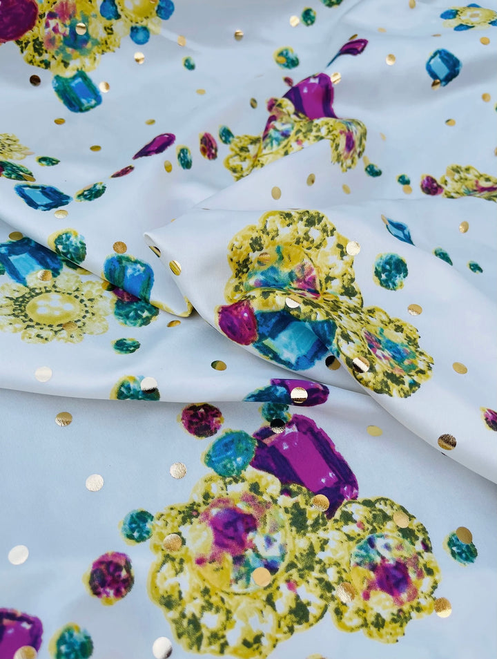 Lightweight  satin fabric by the yard - white with jewels and gold dots