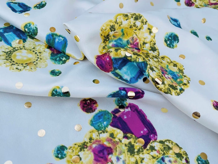 Lightweight  satin fabric by the yard - white with jewels and gold dots