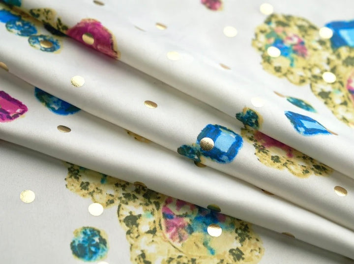 Lightweight  satin fabric by the yard - white with jewels and gold dots