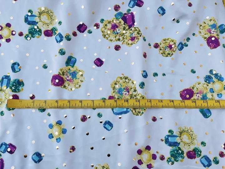 Lightweight  satin fabric by the yard - white with jewels and gold dots