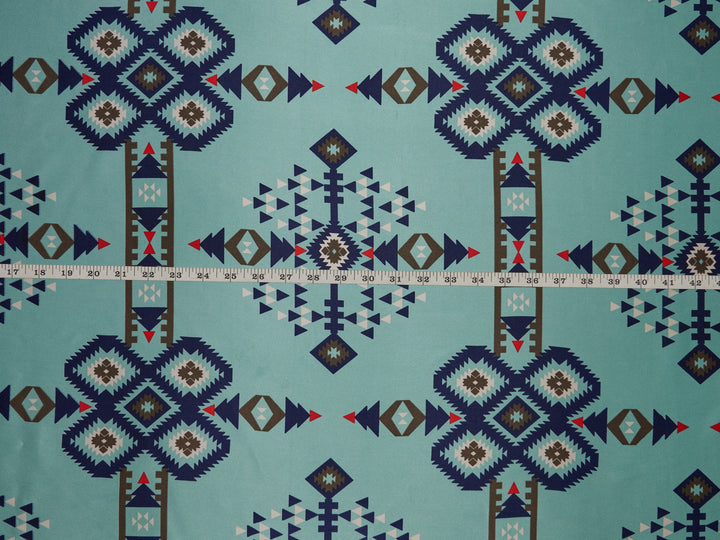 Tribal boho charmeuse satin fabric by the yard - Teal navy Aztec