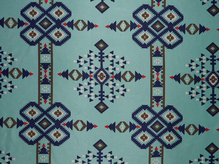 Tribal boho charmeuse satin fabric by the yard - Teal navy Aztec