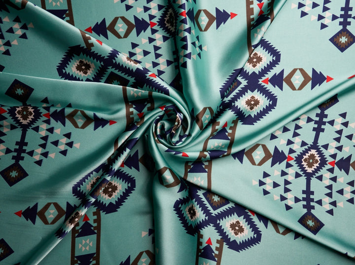 Tribal boho charmeuse satin fabric by the yard - Teal navy Aztec