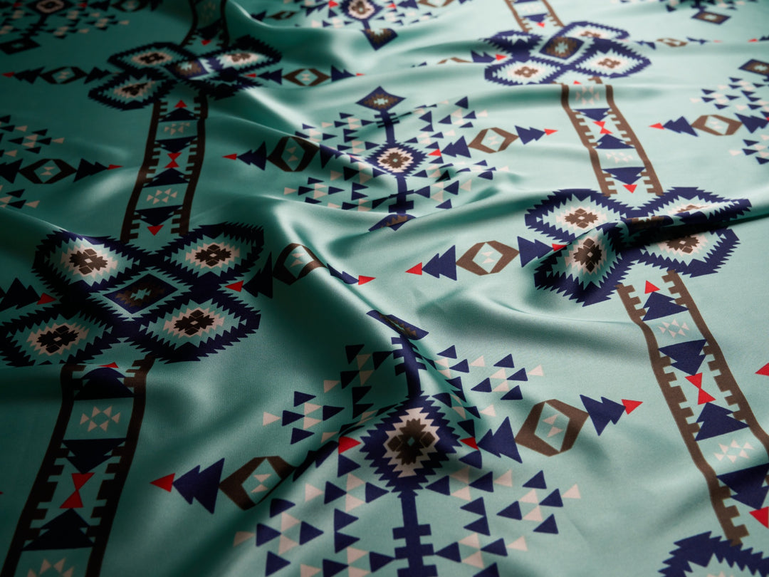 Tribal boho charmeuse satin fabric by the yard - Teal navy Aztec