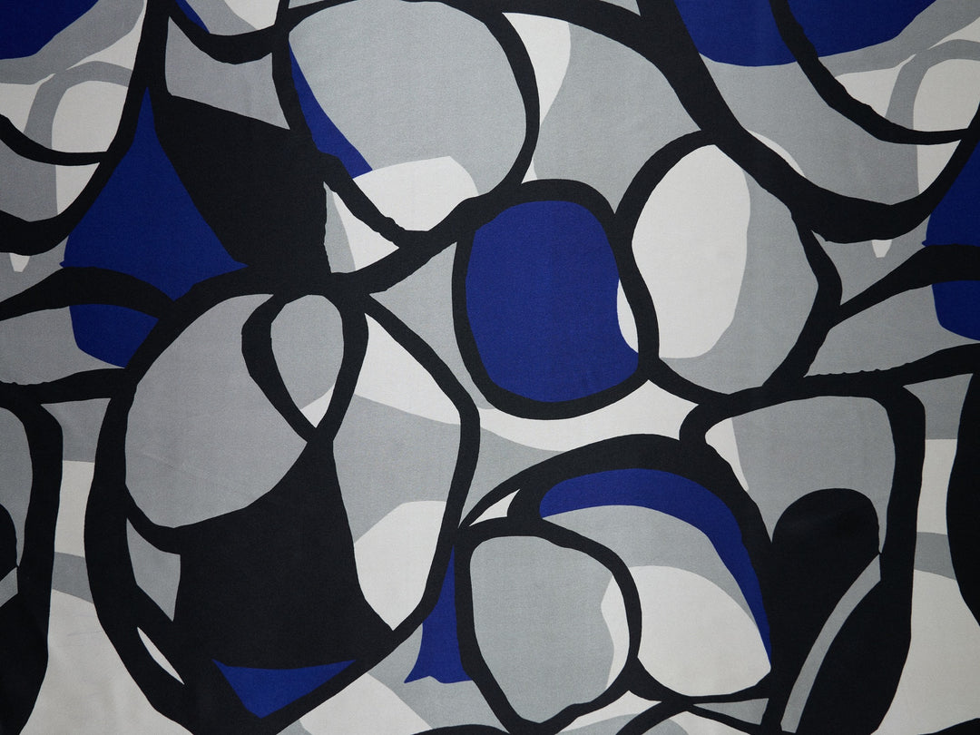 Silky satin Black gray royal blue pattern print fabric