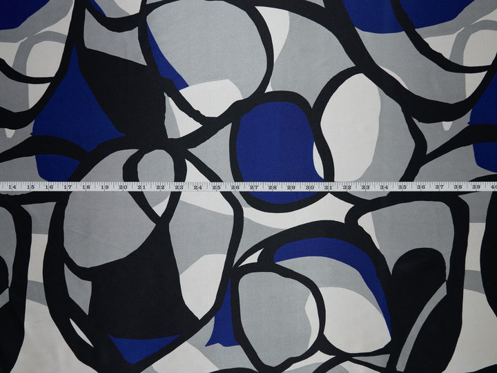 Charmeuse Satin fabric by the yard - Black gray royal blue pattern