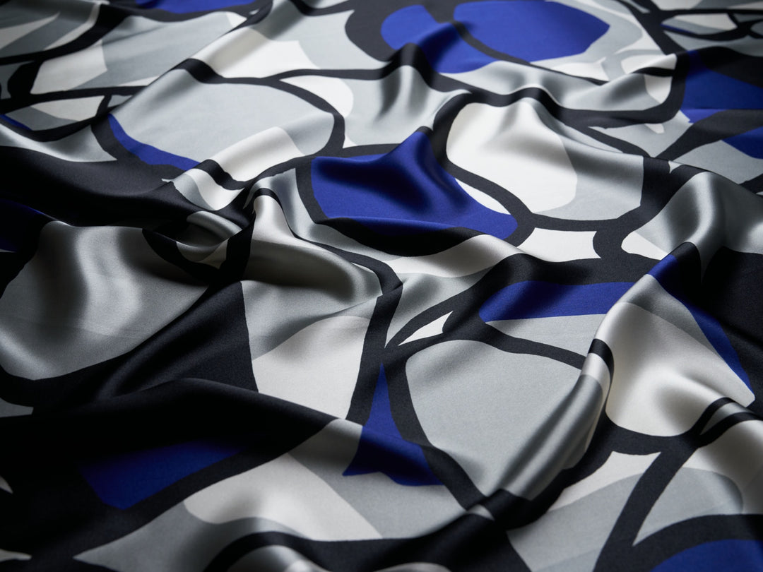 Charmeuse Satin fabric by the yard - Black gray royal blue pattern