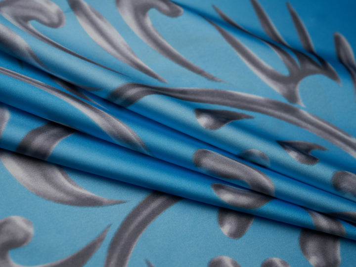 Charmeuse Satin fabric by the yard - Teal and gray vine swirls