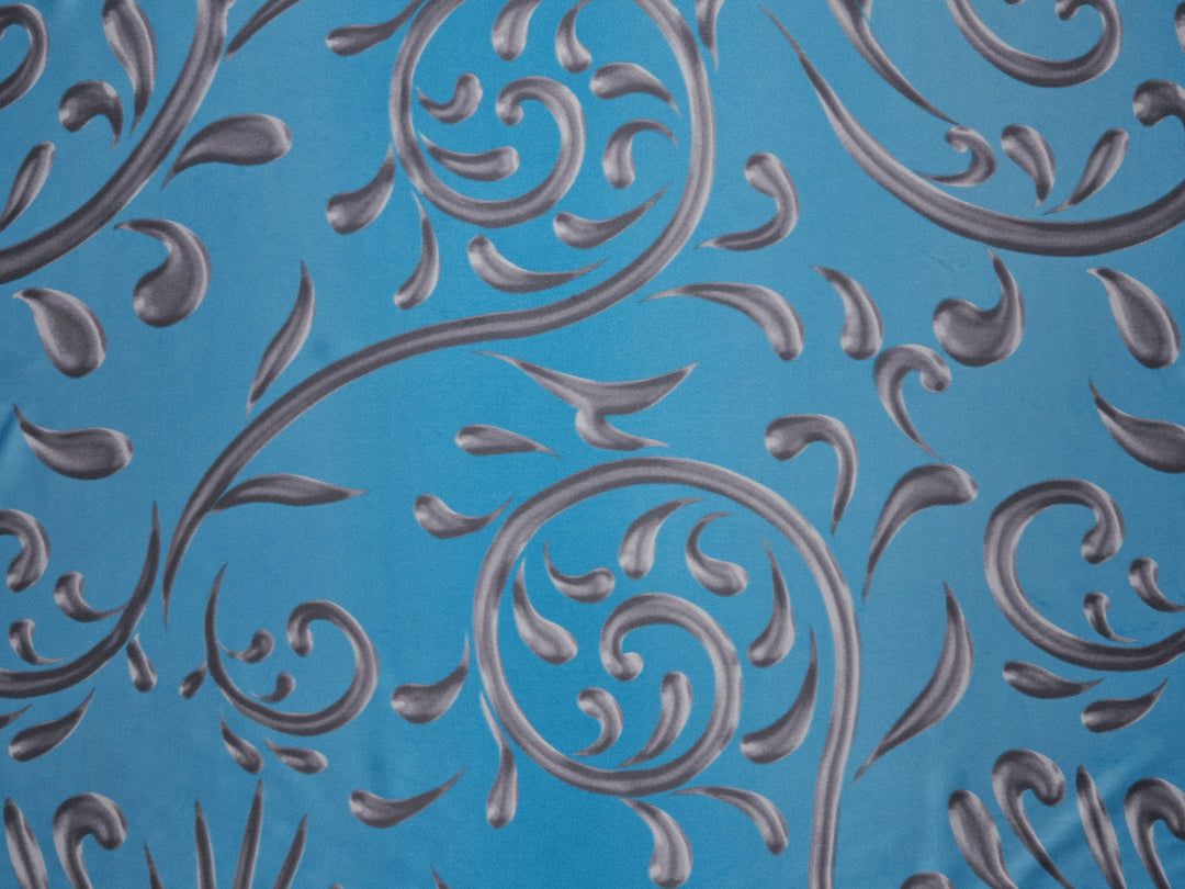 Charmeuse Satin fabric by the yard - Teal and gray vine swirls