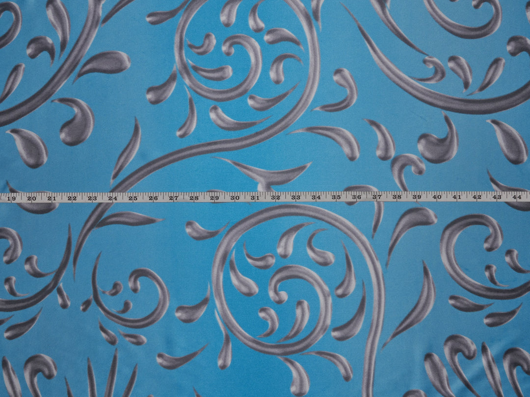 Charmeuse Satin fabric by the yard - Teal and gray vine swirls