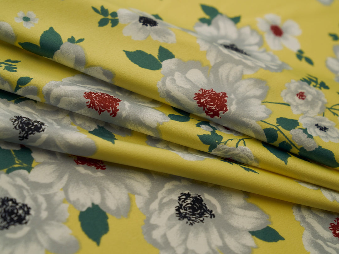 Faux silk charmeuse satin fabric by the yard - yellow flowers