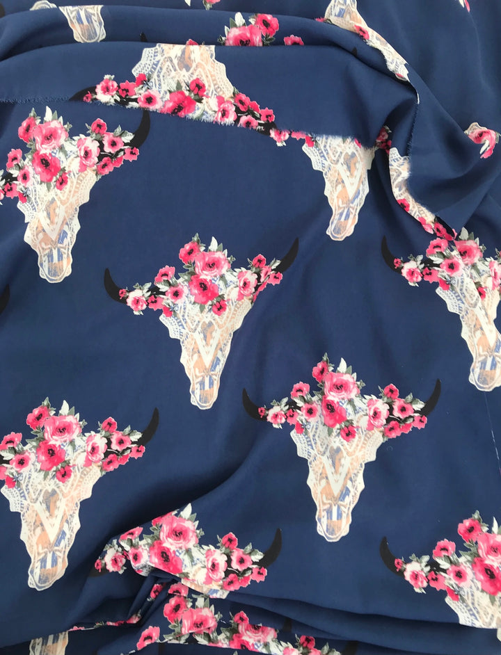 Chiffon   fabric by the yard - Navy steer head floral boho