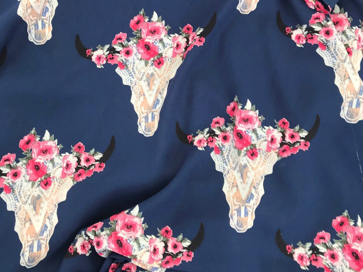 Chiffon   fabric by the yard - Navy steer head floral boho