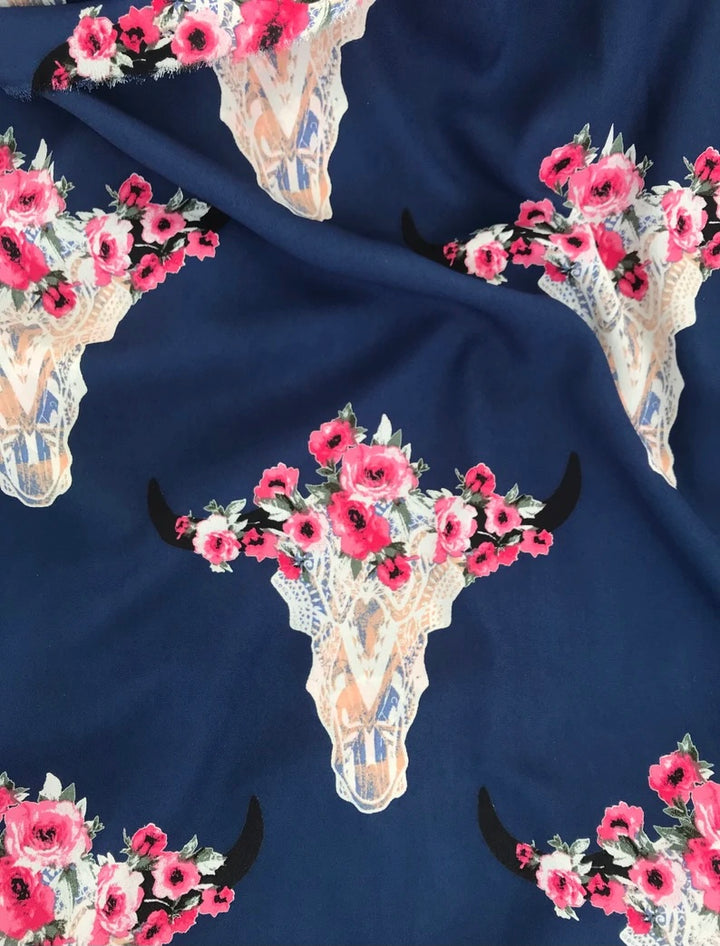 Chiffon   fabric by the yard - Navy steer head floral boho