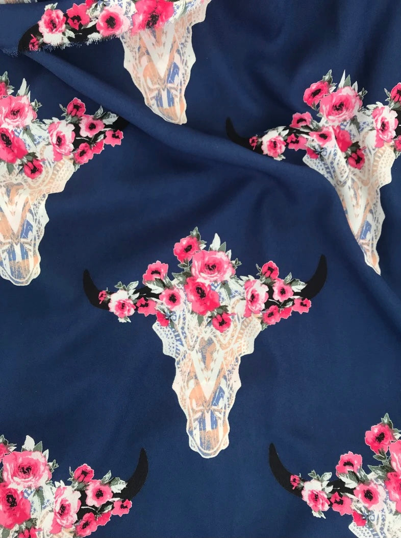 Chiffon   fabric by the yard - Navy steer head floral boho