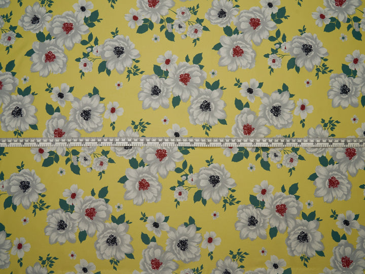 Faux silk charmeuse satin fabric by the yard - yellow flowers