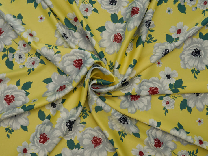 Faux silk charmeuse satin fabric by the yard - yellow flowers