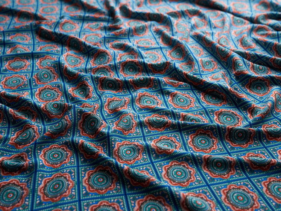 Tribal Boho Woolpeach Floral fabric by the yard - Blue orange medallion tribal Aztec