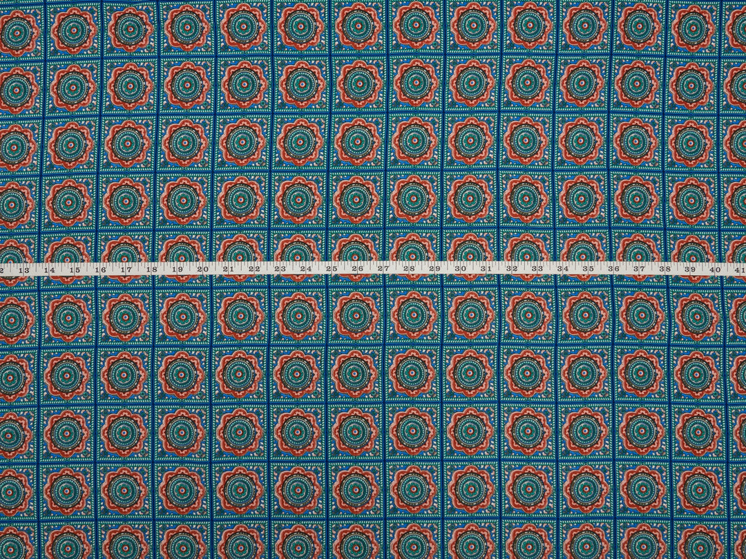 Tribal Boho Woolpeach Floral fabric by the yard - Blue orange medallion tribal Aztec